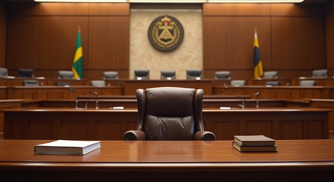 Plenário de tribunal superior com destaque para cadeira de autoridade em primeiro plano