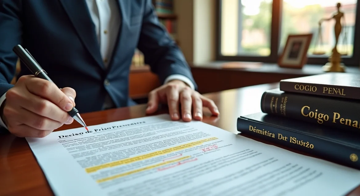 Advogado analisando autos de prisão preventiva em mesa de escritório jurídico