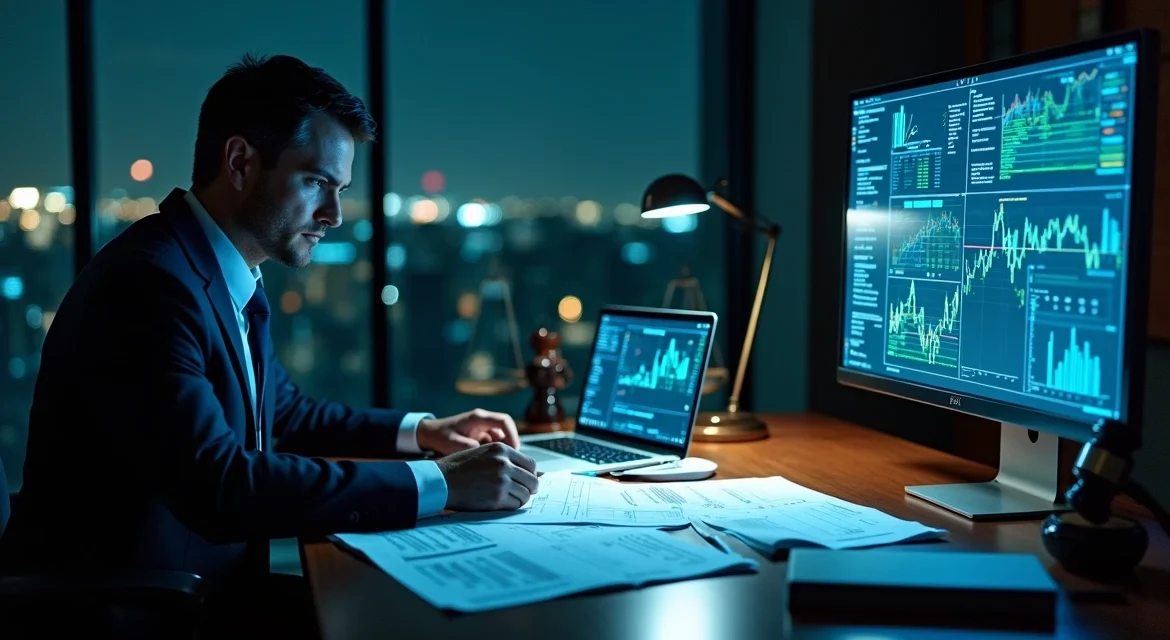 Advogado criminal analisando documentos financeiros digitais em escritório moderno