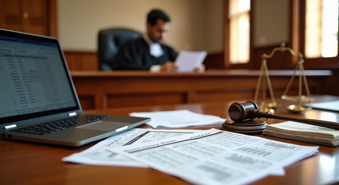 Juiz analisando extrato bancário sobre mesa com símbolos de justiça