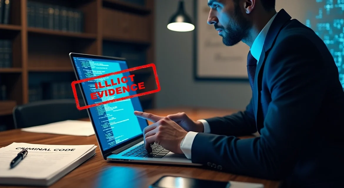 Advogado analisando provas digitais em notebook em mesa de audiência criminal