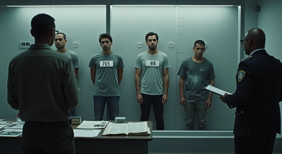 Homem sendo reconhecido em fila policial com dúvida e incerteza dos observadores